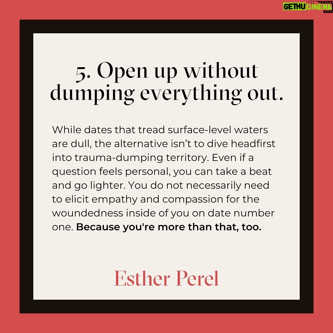 Esther Perel Instagram - Many first dates these days are like a job interview. It’s people asking each other common questions. It’s lifeless. It doesn’t elicit curiosity. I sat down with @insiderbusiness to share my tips on how to make a first date more fun. A date that gathers data is deadly. A date that evokes curiosity, discovery, serendipity, happenstance — that becomes interesting. Visit the link in my bio for 5 steps to transform your next first date.