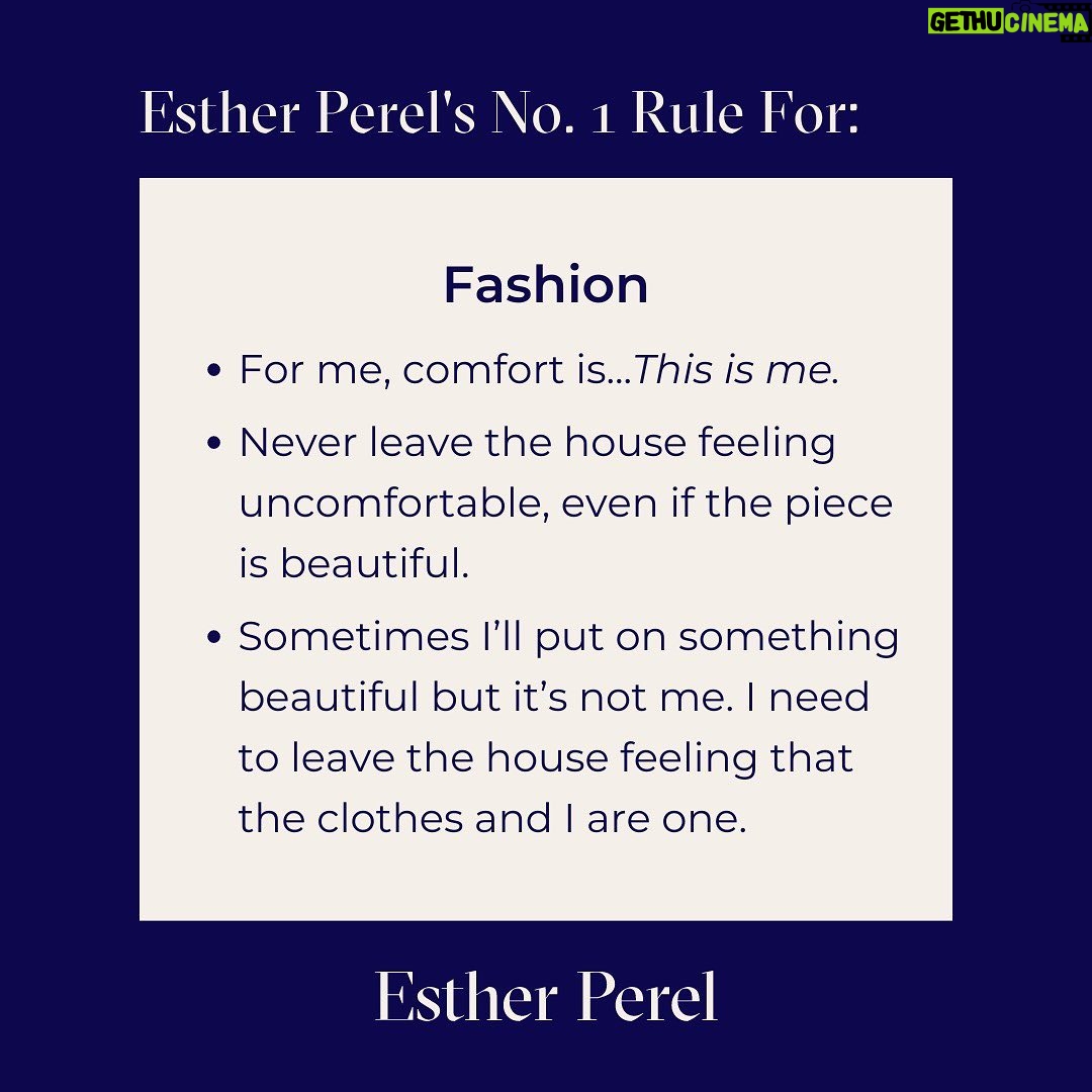 Esther Perel Instagram - "It’s a cardinal rule in therapy that practitioners aren’t supposed to tell their patients what to do or how to live. Instead, it’s their job to sagely guide them toward a new perspective." There are however rules I live by that act as guideposts and inspiration for creating deep connections, expressing myself freely, and having a bit of fun. Join me on @thecut as I explore Rules To Live By with writer Bindu Bansinath via the link in my bio.