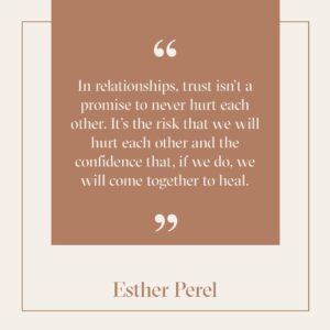 Esther Perel Instagram - Cultivating trust requires millions of micro-risks that show us we’re not foolish for being confident in our relationship. It requires taking risks together that show us our partner isn’t the same as the people from our past who hurt us. Most importantly, trust requires taking risks together that help us grow into better partners for each other. If we let each other fall in the past, it’s going to take a lot of trust falls to show that we’re committed now to always catching each other, to really holding each other at our most vulnerable. The worst case scenario is that they drop us so many times that we finally understand we can’t trust them. That’s important to learn, too. But if we don’t take the risk at all, we might never know either way.

Visit the link in my bio for more on this topic.
