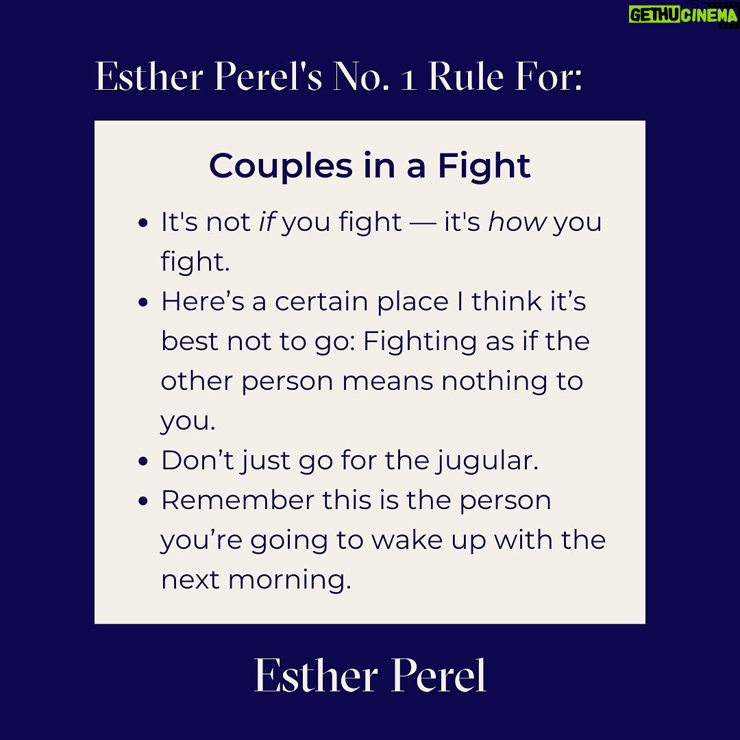 Esther Perel Instagram - "It’s a cardinal rule in therapy that practitioners aren’t supposed to tell their patients what to do or how to live. Instead, it’s their job to sagely guide them toward a new perspective." There are however rules I live by that act as guideposts and inspiration for creating deep connections, expressing myself freely, and having a bit of fun. Join me on @thecut as I explore Rules To Live By with writer Bindu Bansinath via the link in my bio.