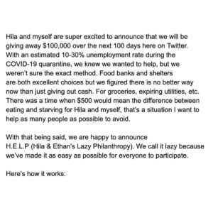 Ethan Klein Instagram - We are giving away $100,000 over the next 100 days over on Twitter.  #HELP