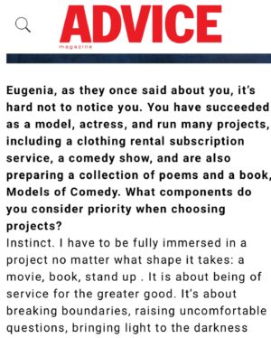 Eugenia Kuzmina Instagram - @advice__mag by @kellygullett @shootingthemood @kikiwangfashion @alexandrefmakeup 💜🎸🪽🎞️💐🦋I like things that are unique and ground breaking  and made for the reasons to amplify love ..in hope 🎸thank you to @barrykatz @barrykatzblueprint for something to come out of “ #modelsofcomedy 💜