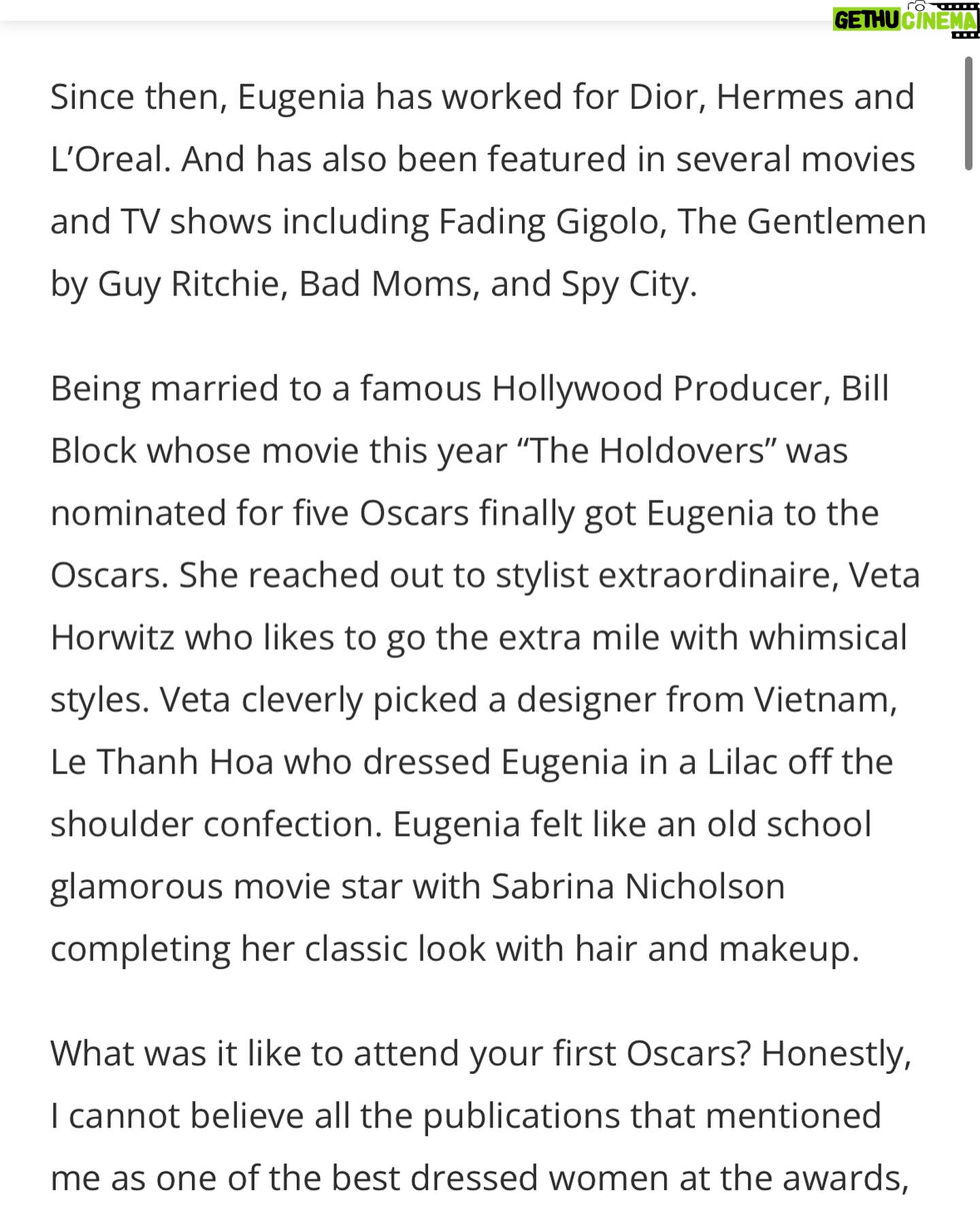 Eugenia Kuzmina Instagram - Thank you @dailyfrontrow for mentioning amazing work of artists who created this @theacademy look , @vetahorwitz @vetastyledme make up hair @misssabrinadubois ππΈπ¬ β¦. Thank you @innadesilva1 , β€οΈ @lethanhhoa_official Shoes @camillagabrieli Earrings @carolinesvedbom clutch @brendacooperstyle bracelet @margaretrowe and @kygomusic great remix for this song too and @iamparsonjames #mosthonest #brilliant artist ever , greatful to met you πβ€οΈ