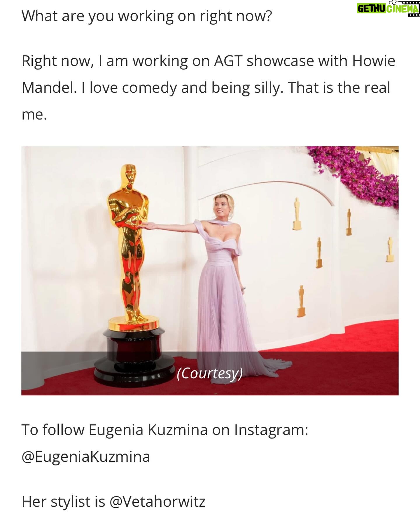 Eugenia Kuzmina Instagram - Thank you @dailyfrontrow for mentioning amazing work of artists who created this @theacademy look , @vetahorwitz @vetastyledme make up hair @misssabrinadubois ππΈπ¬ β¦. Thank you @innadesilva1 , β€οΈ @lethanhhoa_official Shoes @camillagabrieli Earrings @carolinesvedbom clutch @brendacooperstyle bracelet @margaretrowe and @kygomusic great remix for this song too and @iamparsonjames #mosthonest #brilliant artist ever , greatful to met you πβ€οΈ