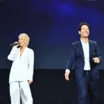 Evangeline Lilly Instagram - So much fun being on stage with these two today. “The sexiest audience ever.” 🎉 #antmanandthewaspquantumania @disneyd23 #paulrudd #jonathanmajors #evangelinelilly @victoriabeckham Suit by #victoriabeckham Hair by @bridgetbragerhair Makeup by patidubroff Styling by @kevinmichaelericson