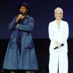 Evangeline Lilly Instagram - So much fun being on stage with these two today. “The sexiest audience ever.” 🎉 #antmanandthewaspquantumania @disneyd23 #paulrudd #jonathanmajors #evangelinelilly @victoriabeckham Suit by #victoriabeckham Hair by @bridgetbragerhair Makeup by patidubroff Styling by @kevinmichaelericson
