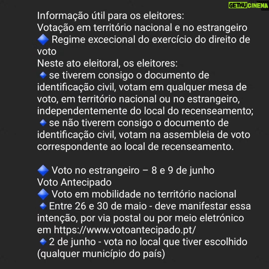 Filomena Cautela Instagram - Que eu sou idiota não será novidade para muita gente, mas as fotografias a seguir ao vídeo talvez tenham alguma novidade importante e quem sabe mereçam a vossa partilha para que a informação chegue a mais malta e, na loucura, talvez consigamos que mais gente pratique o voto informado e pumba! Quiçá possamos ter mais gente no Parlamento Europeu que defenda mais do que achamos justo e urgente. Vou resumir aqui. Vídeo - idiotices constrangedoras várias vulgo bloopers do vídeo que fiz para a @comissao_europeia_pt Fotos - informações essenciais para o dia das eleições europeias. Por exemplo: se estás fora do teu local de residência podes votar em qualquer mesa do país desde que tenhas cartão de cidadão. 🤯 não? #parceria #eleições2024 #europe #may #europeias