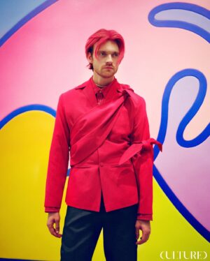 Finneas O'Connell Instagram - Cover of @cultured_mag 
 
Interview by @alexisrael 
Photography by @davis.bates 
Styling by @jaredellner
Grooming by @patriciamoralesla 
Editor In Chief @sarahgharrelson
 
Featuring “Sky Backdrop” and “Wave” acrylic art by @alexisrael