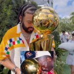 French Montana Instagram - @frenchmontana channels his best MJ pose with the Larry O’Brien Trophy! 📸