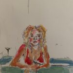 Freya Allan Instagram - quick scribble of friend in blue bath with cocktails and curly hair