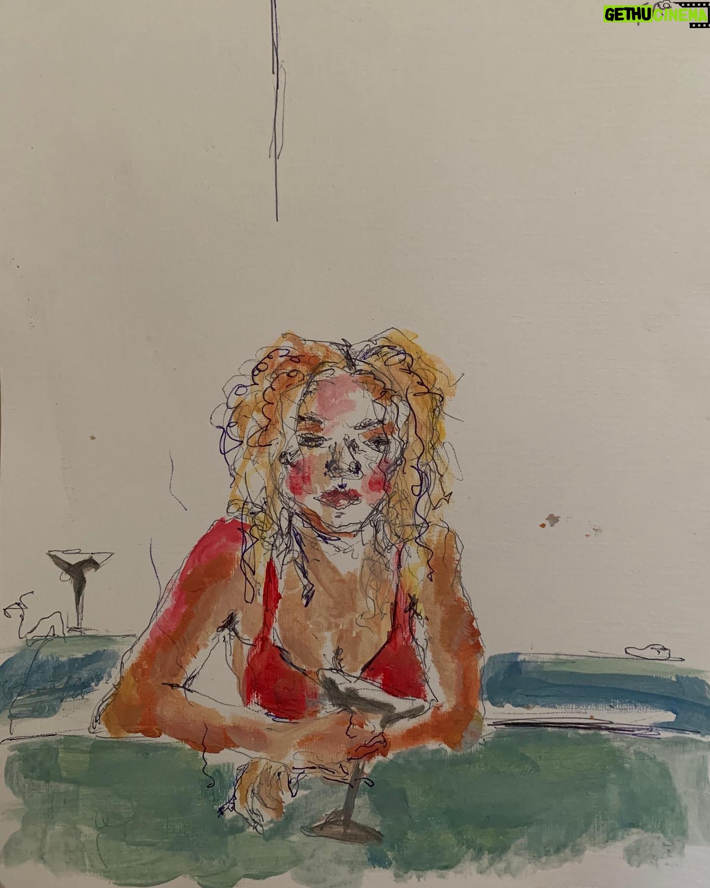 Freya Allan Instagram - quick scribble of friend in blue bath with cocktails and curly hair