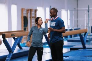 Gabby Douglas Instagram - even as an actor on screen, you need some gymnastics ability to pull it off -had so much fun teaching @jaypharoah how to be a gymnast😂 watch the latest episode of #SpecialSkills on @imdb to find out!