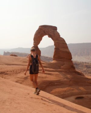 Gabby Petito Instagram - On a calm Monday morning, @bizarre_design_ and I decided to take the highly trafficked hike to the Delicate Arch. 
Not sure if it’s because it was 7ᴀᴍ on a Monday, but there actually were not as many people on the trail as I expected. After waiting on a short line for someone to generously take our photo, @bizarre_design_ and I made our way to the other side of arch (sᴇᴇ ɴᴇxᴛ ᴘᴏsᴛ) 
We also camped for one night in Devils Garden with the cover off of our tent to fall asleep watching the stars, trying to catch a glimpse of the Perseid meteor shower 
🌌
𝐹𝑢𝑛 𝐹𝑎𝑐𝑡 → I did not edit any of these photos (except maybe to brighten the exposure slightly) but only one person in the background of the last slide! 
Also, during our hike I stepped off the trail up onto bare rock, just to take a photo of the view out of everyone’s way of the path, and a very nice man who I believe worked for @rei stopped everyone in their tracks and commented about my shoes asking me how I liked them, I felt like I was giving a small presentation to everyone crowding around waiting to continue on the path, all looking up at me while I’m standing on this rock describing how awesome these shoes have been!  especially hiking with them on the #appalachiantrail while @bizarre_design_ hikes barefoot! 
⌓ ͙⁺˚*･༓☾ side note ˚ this is not sponsored or an ad, although I wish it was (@rei )... But basically ALL of our hiking and camping gear, and also our van life essentials are all from @rei #reicoop 
#archesnationalpark #nps