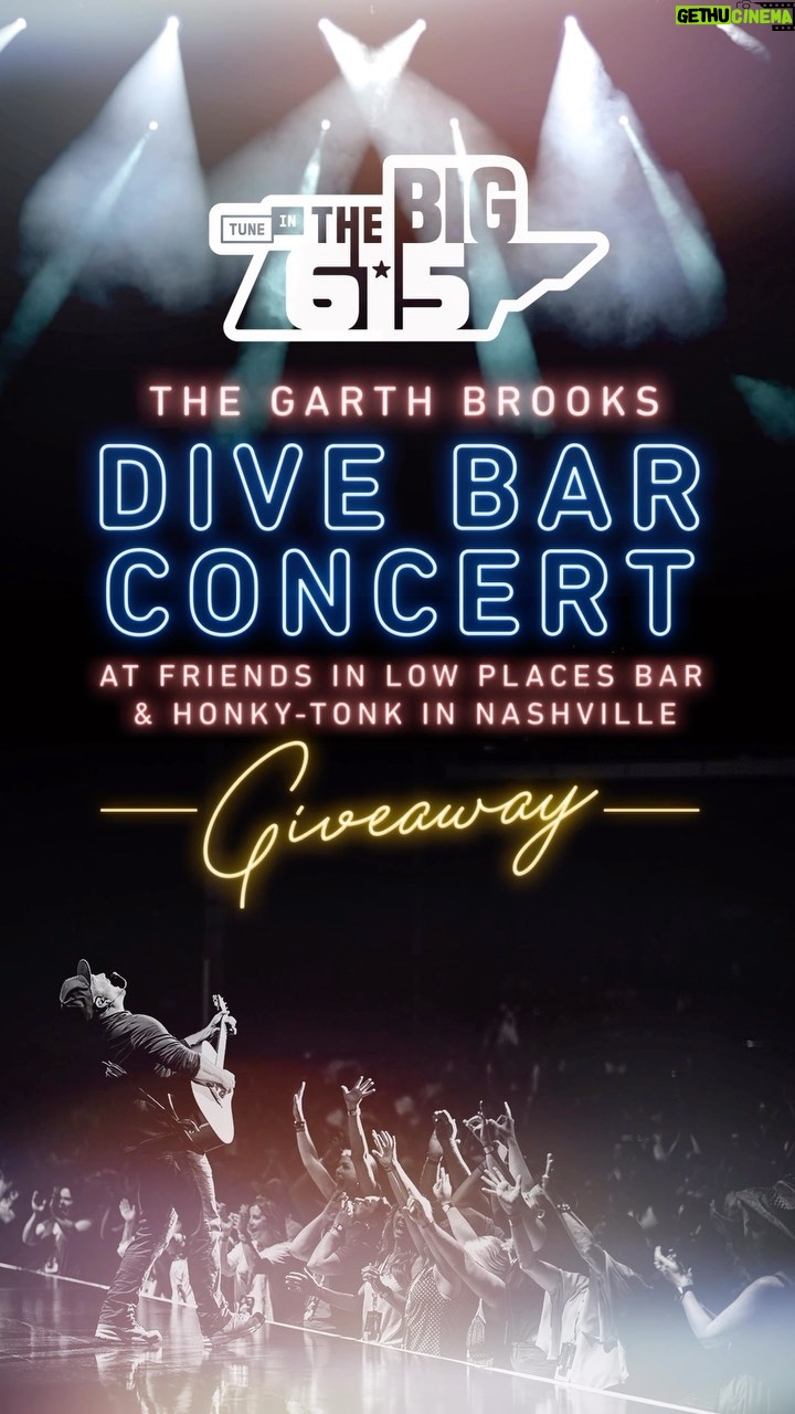 Garth Brooks Instagram - Have you heard the news? @garthbrooks is opening Friends in Low Places Bar & Honky-Tonk in the heart of Music City! Opening night is on Black Friday, and he’s throwing a Dive Bar concert to celebrate with just a few hundred of his friends (that could be you!). There’s only one way to get tickets and that’s from The BIG 615! Listen to learn more. -The Big 615 NO PURCHASE NECESSARY. Must be a U.S. Resident, 21 . VOID WHERE PROHIBITED. Enter by: 11/10/23 11:59pm CT at tunein.com/divebar during a designated hourly window or see Official Rules for alternate entry method. Sponsor: TuneIn, Inc.