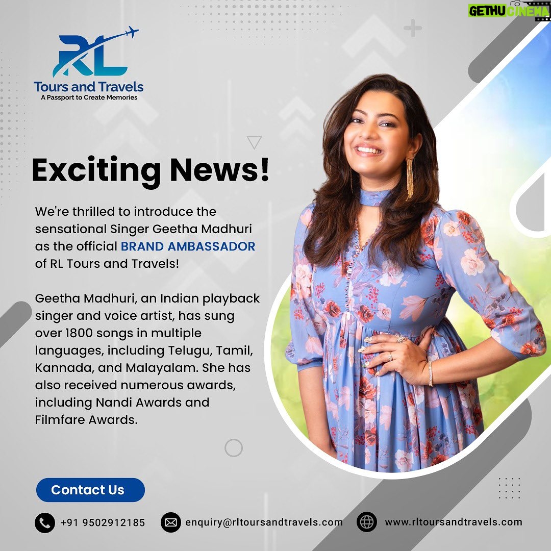 Geetha Madhuri Instagram - π Exciting News! π Introducing the sensational Singer Geetha Madhuri as the Brand Ambassador of RL Tours and Travels! π€βοΈ Get ready to embark on a melodious journey with the enchanting voice of Geetha Madhuri as she joins hands with RL Tours and Travels to make your travel experiences truly magical. πΆβ¨ π΅ About Geetha Madhuri: With a musical legacy that spans across multiple languages including Telugu, Tamil, Kannada, and Malayalam, Geetha Madhuri has mesmerized audiences with over 1800 soulful songs. Her incredible talent has earned her numerous accolades, including Nandi Awards and Filmfare Awards. ππ€ Now, she's all set to infuse her passion for travel into this exciting partnership with RL Tours and Travels. πΊοΈπ Join us in welcoming Geetha Madhuri to the RL Tours and Travels family, where every trip will be a harmonious blend of music and wanderlust. πΆπ Stay tuned for more exciting updates and travel with us to the rhythm of Geetha Madhuri's tunes! π΅π For more information :- π Call RL Tours and Travels: 91 9502912185 π§ Email: enquiry@rltoursandtravels.com #GeethaMadhuri #RLToursandTravels #MelodicJourneys #TravelWithMusic #SingerGeethaMadhuri #TravelMelodies #BrandAmbassador #RLTours #WanderlustWithMusic #TravelGoals #MelodicAdventures #GeethaMadhuriMagic #ExploreWithGeethaMadhuri #TravelWithTunes #MusicalJourneys