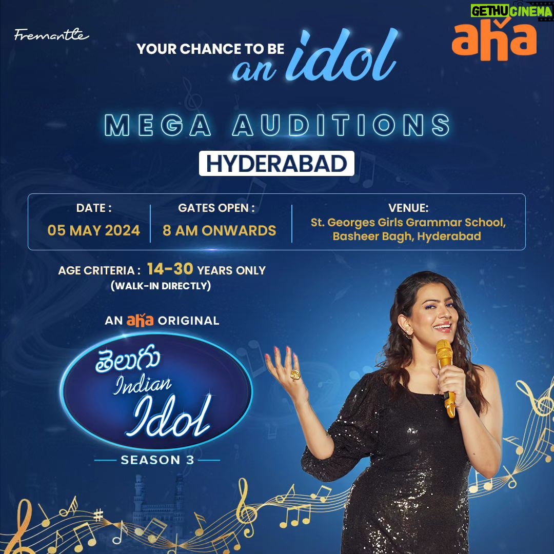 Geetha Madhuri Instagram - Hyderabad, get ready to take the stage! π€ Indian Idol Season 3 auditions are on May 5th. π Don't miss this incredible opportunity. π @musicthaman @singergeethamadhuri @karthikmusicexp @fremantleindia #hyderabad