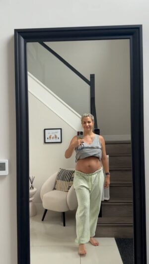 Gemma Atkinson Instagram - 2 weeks post C section.
Breast pads ✔️ 
Industrial size sanitary pad ✔️
Swollen tummy ✔️

All the things postpartum we go through. It’s very common for tummy’s to stay swollen after pregnancy and they usually stay swollen longer after a C section due to the inflammation and abdominal swelling from surgery. So don’t worry if you feel you still look pregnant as I do here. ITS NORMAL! 
I’m not expecting to look like my old self for months down the line yet. I haven’t even left the house other than pottering about in the garden. I’ve been mindful to rest as much as I can to aid recovery down the line. Weather permitting, towards the end of this week I’m going to start some short walks. Until I’ve had my mummy MOT that’s all the exercise I’ll be doing. What I’ve been focusing on instead is trying to make myself feel like my old self, and so far it’s worked. Despite broken sleep for 2 weeks I feel really good 👍🏼 Upbeat, and ready to take on the day. The simple things I’ve been doing are…
Cold showers. No ice bath yet so I’ve stood under cold water every morning for a minute letting it run on my pituitary gland (aim water on back of the neck) It’s responsible for regulating so many functions in the body and essentially kick starts your system in the morning. It works a treat for boosting your mood. Secondly, my nutrition. With my hormones slowly settling and the cravings for crap which I had in pregnancy going I’m back to eating my usual foods. I’m snacking a lot as anyone will tell you breast feeding makes you hungry and we need the extra calories to feed. I’ve been snacking on things like nuts, fage yogurt, fruit, boiled eggs and dark chocolate. In pregnancy it was bread and haribo 🤦🏼‍♀️😂 
Lastly, and this is where it gets cheesy, but affirmations! Every morning I’ve told myself “I can do this” every night feed I’ve reminded myself “thousands of women are now doing the exact same as me right now” and every time I look at Thiago I thank my body for growing, carrying and birthing him. 15 days ago he was in my tummy and that blows my mind completely.  The miracle of life and the human body. 🥰🥰🥰