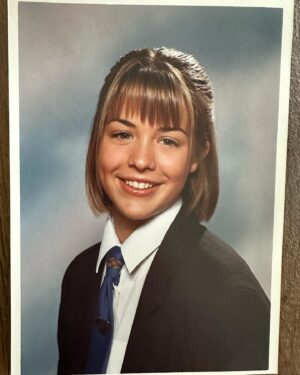Gemma Atkinson Instagram - Whilst Filming our show for @wtvchannel (Which will be on tele soon!) I’ve had to dig out loads of pics of my childhood for the archives… Crazy looking back how much i can see Mia even when I was a teenager!
Pic 1 is my 5th year school photo with a very questionable fringe! 
Pic 2 was my first “catwalk” 😂 age 16 a month before I got my Hollyoaks role. 
Pic 3 dancing to Michael Jackson with my uncle Clive looking bored shitless! I used to make the family watch my routines over and over 🤦🏼‍♀️😂
Pic 4 rocking the fixed braces & Flashing on the Pepsi max big one at Blackpool (as you do) 😉
Pic 5 My first headshot for the then Manchester Model Agency at 15. My mum told me I had a dentist appointment after school and instead took me to an open audition to which I was signed! 

Time flies! What a ride I’ve had so far! A reminder for me of where it started, how its gone and what’s yet to come 💫💫