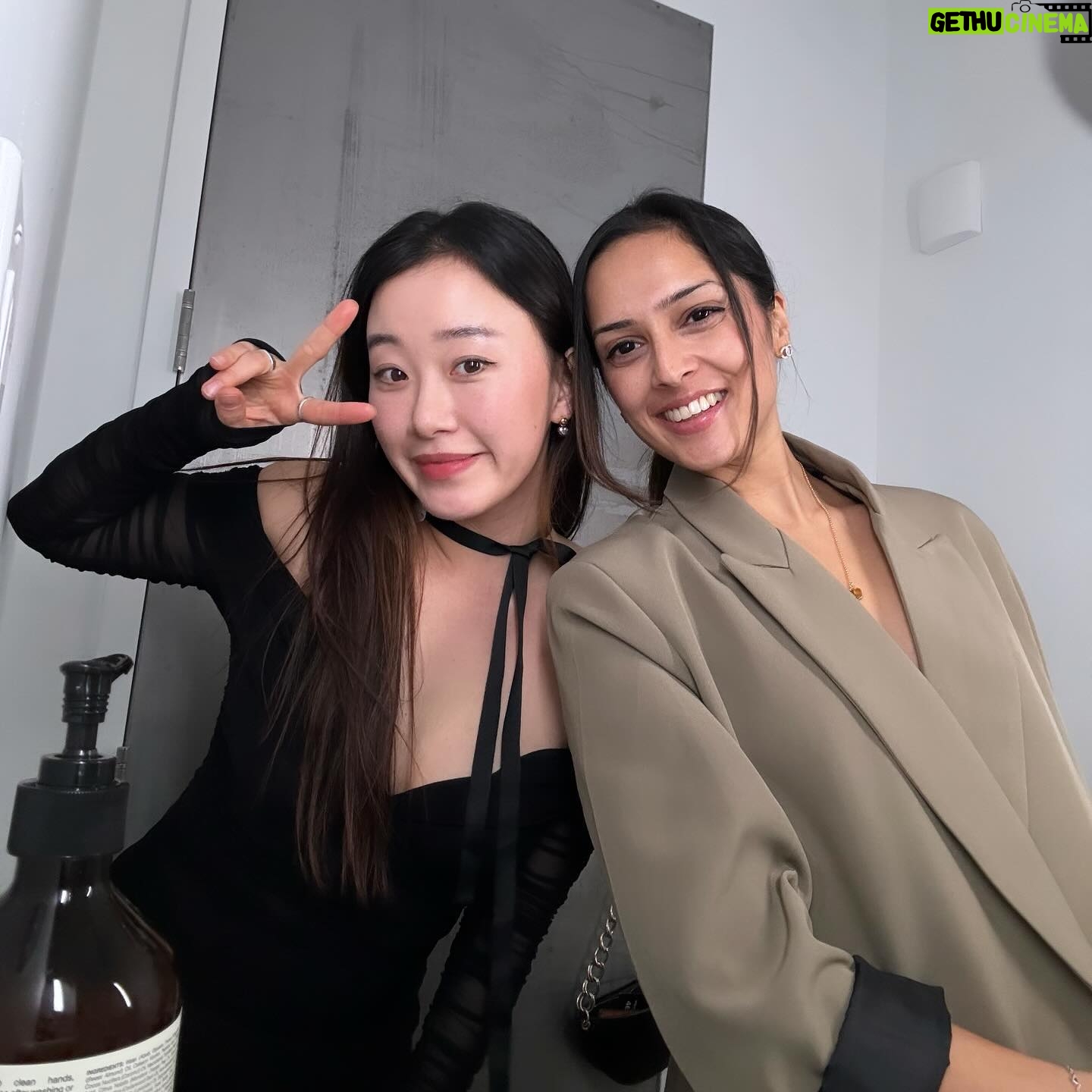 Gia Kim Instagram - Room full of beautiful people, but it’s the company that makes perfect 🥹💞 @pradabeauty 🤍 . . Reusing a dress I’ve worn for a birthday, the necklace I bought 10 years ago in university. Coat thrifted from Crossroads.
