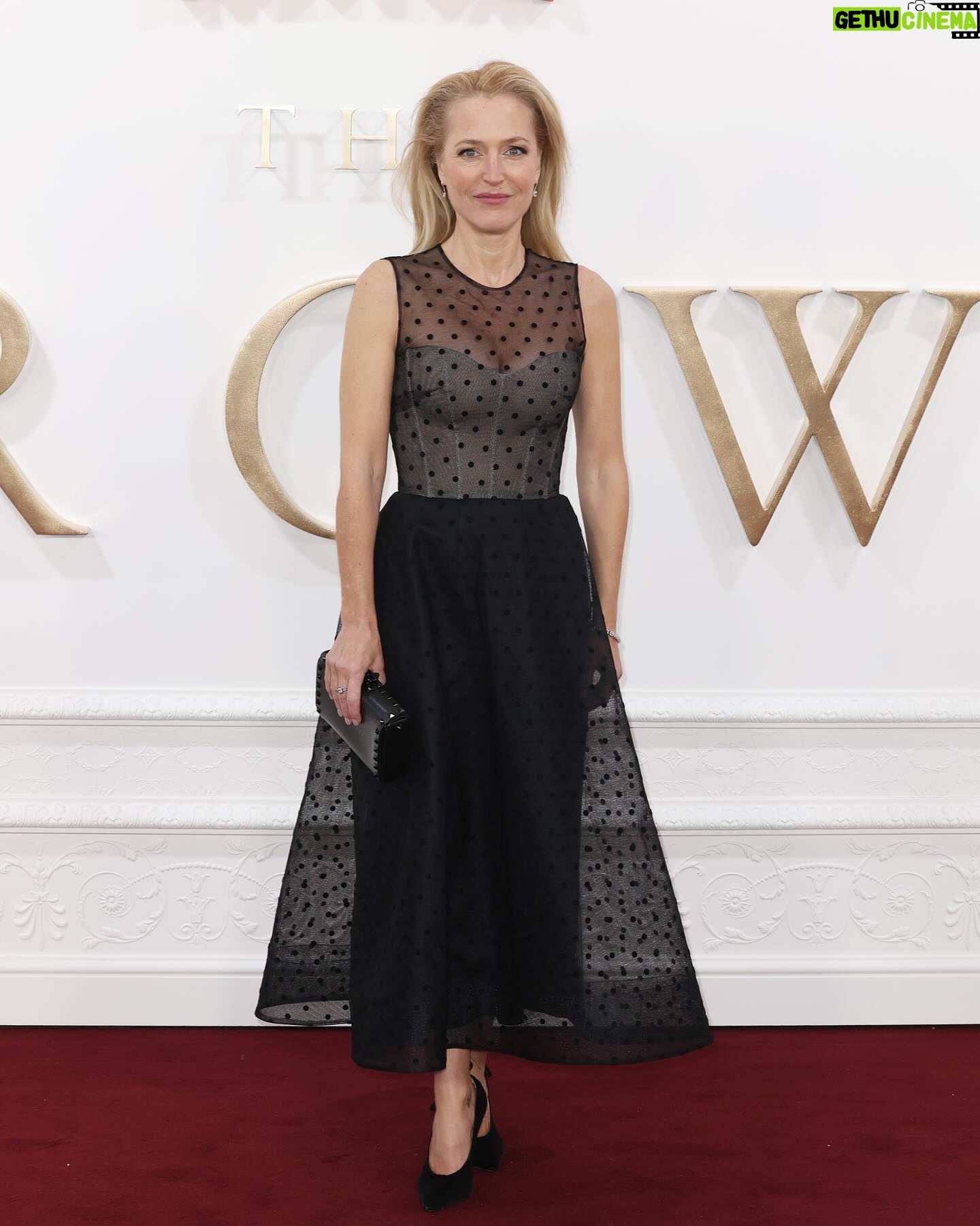 Gillian Anderson Instagram - Celebrating a wonderful six years of @thecrownnetflix π Styling: @marthaward Dress: @moniquelhuillier Jewellery: @boucheron Shoes & bag: @maisonvalentino Make up: @melartermakeup Hair: @nickirwinhair