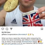 Gillian Anderson Instagram - Wanted to say a huge huge thank you to the darling @tomdaley for knitting this fantastic jumper (and crocheted willy 🌈) for me to wear for our final season of @sexeducation! 🧶🍆 Together we raised just over £12k for @mindcharity, which will be divided amongst 8 local Minds who work with LGBTIQA communities. Thank you for your stellar knitting skills Tom and for coming to visit me on set! Swipe to the end to see the post that started it all (in 2021 🤯)