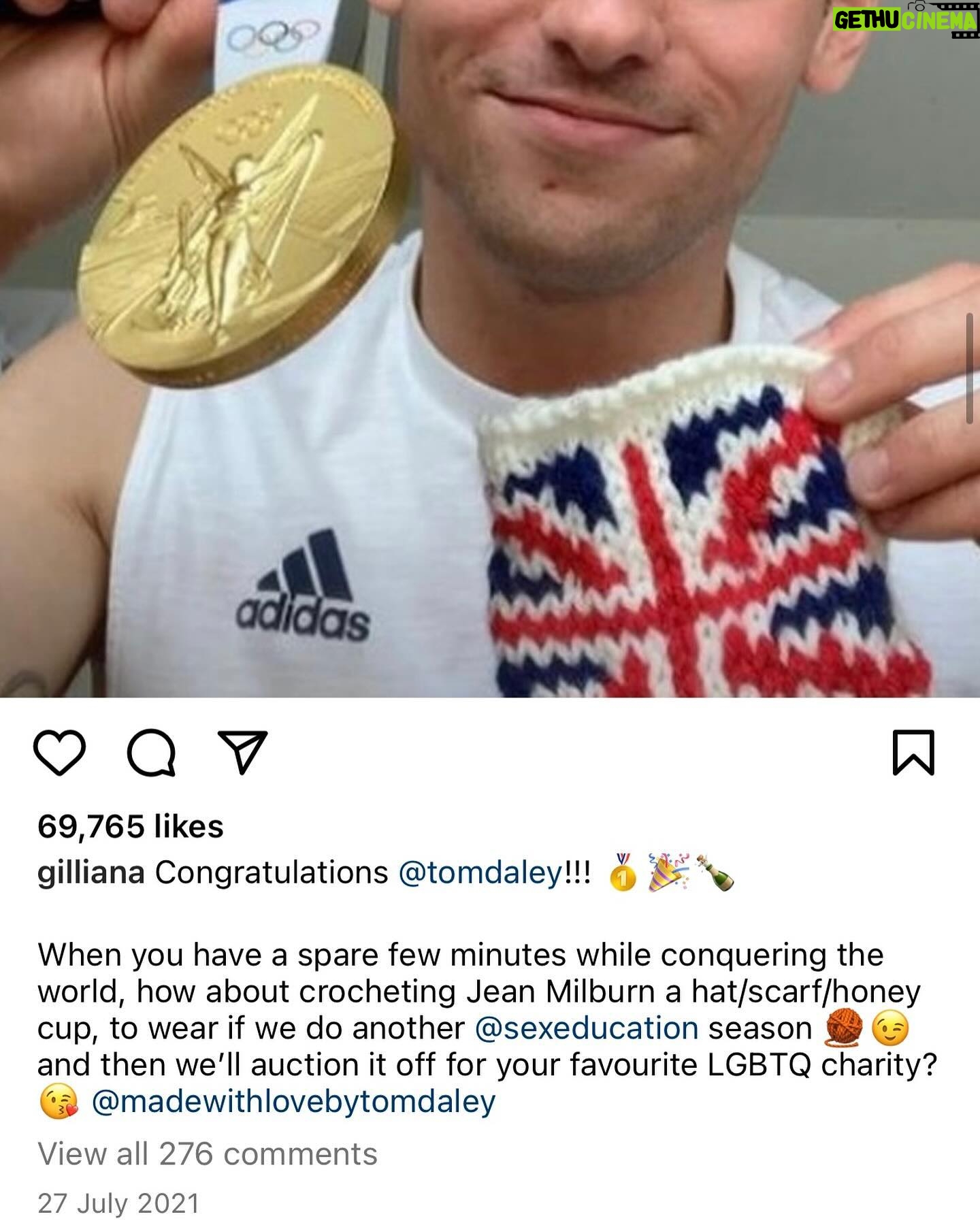 Gillian Anderson Instagram - Wanted to say a huge huge thank you to the darling @tomdaley for knitting this fantastic jumper (and crocheted willy π) for me to wear for our final season of @sexeducation! π§Άπ Together we raised just over Β£12k for @mindcharity, which will be divided amongst 8 local Minds who work with LGBTIQA communities. Thank you for your stellar knitting skills Tom and for coming to visit me on set! Swipe to the end to see the post that started it all (in 2021 π€―)