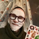 Glenn Close Instagram - What better time to slap on a facial mask than when addressing holiday cards and being profligate with stickers, while Pip rests with his French fries! Life goes on...thank goodness. There's a bluebird sky today. LOVE TO ALL.