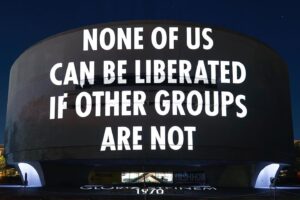 Gloria Steinem Instagram - I am happy to see the words I wrote in 1970 were given new life in Jenny Holzer's, THE PEOPLE, a part of the Hirshhorn Museum and Sculpture Garden, Washington, DC. Liberation is a living thing -- one that we each carry forward with our words, our connections, and our actions.

THE PEOPLE, 2023
Light projection
Hirshhorn Museum and Sculpture Garden, Washington, DC 
Text: Gloria Steinem, “Living the Revolution,” Vassar College 
commencement address, Poughkeepsie, New York, May 31, 1970. 
© 2023 Jenny Holzer, member Artists Rights Society (ARS), NY 
Photo: Filip Wolak