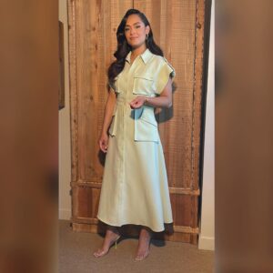 Grace Byers Instagram - Loved this mint green number, just in time for the summer! 💚

Thank you @ktla5news for having me, as we talked about The @Blackening - in theaters now!

Glam Team - you all are out of control at this point 😭. These tresses are pressed, face is beaten and even my shoes have little green heels! 😩
Thank you all. 💚

stylist x @adenarohatiner
hair x @kiyahwright1
makeup x @tayriverabeauty
dress x @leolin_official
shoes x @3juin_official
jewelry x @sterlingforever