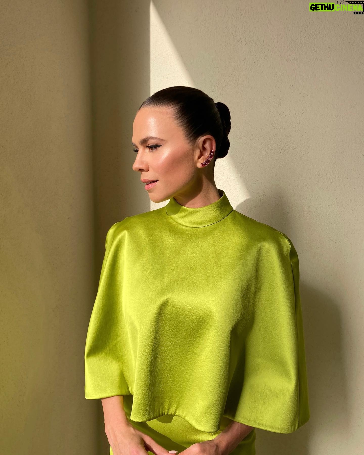 Hayley Atwell Instagram - Green dream machine 🍏💚🔫 Styling @rosefordestudio Dress @carolinaherrera Jewellery @garrard Shoes @louboutinworld Hair: @dayaruci Make-up: @naokoscintu #missionworldtour