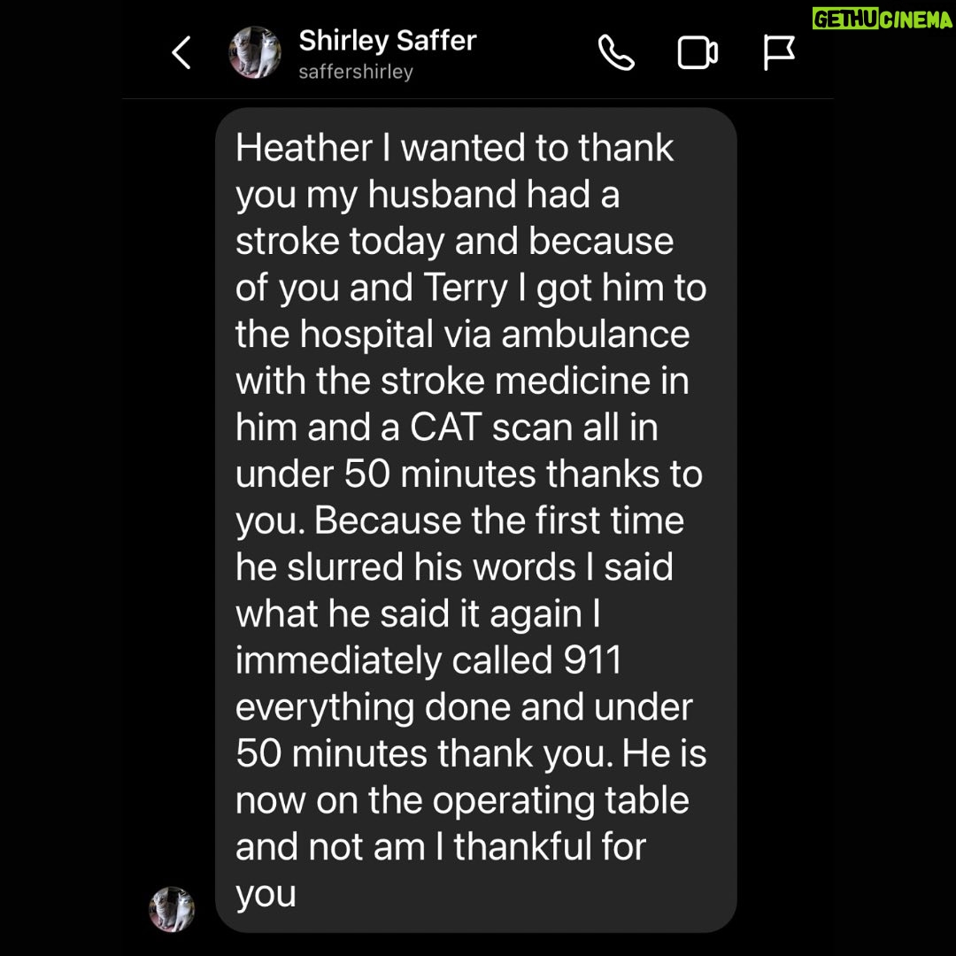 Heather Dubrow - 76.3K Likes - When we shared Terry’s TIA experience, we were hoping we could save lives. We’ve received so many messages but this one in particular meant the world. ( swipe). ❤️ I want to open the comments up to answer any questions, talk about YOUR experiences, and bring more awareness to TIA and strokes. ❤️ Remember the warning signs … BE FAST( Balance , Eye focus, Facial drooping, Arms strength & can they lift overhead ?, Speech slur, TIME… get to the hospital!)