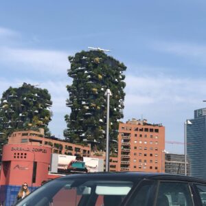Helen Mirren Instagram - out and about on a beautiful spring day in Milan with all the chic Milanese.  The green buildings are  famous architectural addition to the City. I think they are awesome