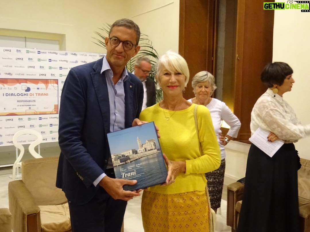 Helen Mirren Instagram - an honour to meet the Mayor of the very beautiful town Trani where I was part of a cultural festival on the theme of responsibilities