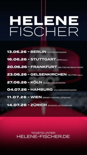 Helene Fischer Instagram - Ihr Lieben, 
mit euch gemeinsam habe ich eine unglaublich schöne und intensive Zeit auf meiner Rausch Tour erlebt.
Bei jedem Konzert habe ich eure Liebe und Energie gespürt. 
Bis heute überwältigt und bewegt mich das, wenn ich daran zurück denke. 
Getragen von diesen Emotionen und Eindrücken wage ich eine neue Herausforderung: 
Ich möchte euch mit einer neuen spektakulären Tournee überraschen - im Juni/Juli 2026 werde ich die Stadien auf einer einzigartigen 360° Bühne rocken!
Ich weiß, bis dahin vergeht noch etwas Zeit, die wir aber benötigen, um euch auch im Sommer 2026 mit einer beeindruckenden Show in einen Höhenrausch zu versetzen.
 
Wenn ihr mit dabei sein wollt, dann registriert euch ab JETZT auf meiner Homepage Helene-Fischer.de und erhaltet als Erste Zugang zum PRESALE am Montagmorgen um 9:30 Uhr.
Wir sehen uns am Samstag 😉
 
Eure Helene