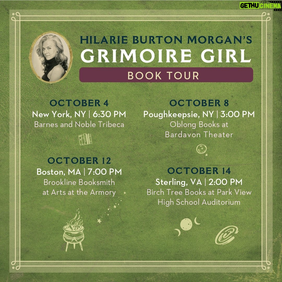 Hilarie Burton Instagram - Okay Coven!!! Grimoire Girl Book Tour is announced!!! 🧙♀️🧙♀️🧙♀️ New link in my bio with tickets and preorders. ✨ I am a DEEPLY sentimental woman, and so crafting this book tour was about going to places that feel like home and sitting in conversation with people who feel like family. Each one of these stops is going to be different and special in their own way and so I hope you can come to as many of them as possible! Some venues have more capacity than others, so grab your tickets while they’re hot. If you missed the opportunity to get a signed copy, books sold on tour will all be pre-signed as well! 🌸 First stop will be in the home where all my dreams came true, New York City. On October 4th we’ll be seeing you at @bntribeca with my favorite mystical woman @danneelackles512 . 🌸 Then on October 8, we will be talking to as many of you as possible in our largest venue, @bardavonpresents where the books will be supplied by my local bookstore @oblongbooks . Can’t wait to celebrate the Hudson Valley where I have built my current home and community. Fans of the #RuralDiaries will want to come to this one! 🌸After that, I’m headed to meet with my hero @ahoffmanwriter and discuss BOTH of our books on October 12! She and I will be chatting it up at @artsatthearmory where books will be provided by @brooklinebooksmith . Alice’s book #theinvisiblehour just came out this week so grab your copy now! It’s wonderful! 🌸The stop on October 14 may be the most emotional. Back in 1990, at eight years old, I wandered into the Park View High School auditorium to audition for The Sound of Music. That show changed the trajectory of my life. In just a short amount of time, my old high school building will be torn down to make way for a brand spanking new facility for the much deserving kids of Sterling Park. So getting to do a tour stop in the auditorium that made me before it is gone forever is just……..😭. A big deal. I love that place. Someone bring tissues pleaseandthankyou! Shoutout to @birchtreebookstore for supplying copies of Grimoire Girl at this event! More announcements coming up in the future. Thank you for ALL the thousands of preorders! You all are magic!