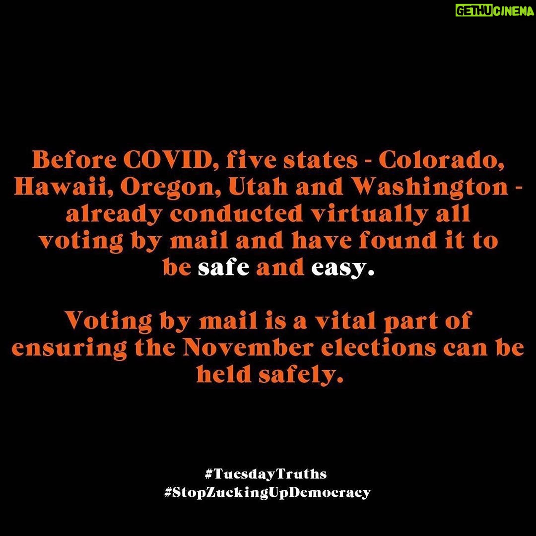Hilary Swank Instagram - Mail in voting is safe, secure, and is not new. Make a plan to vote right now at vote.org. Thumbs up in the comments if you’re ready to #Vote! #StopZuckingUpDemocracy #TuesdayTruths . . . Via @chelseahandler 👊🏽