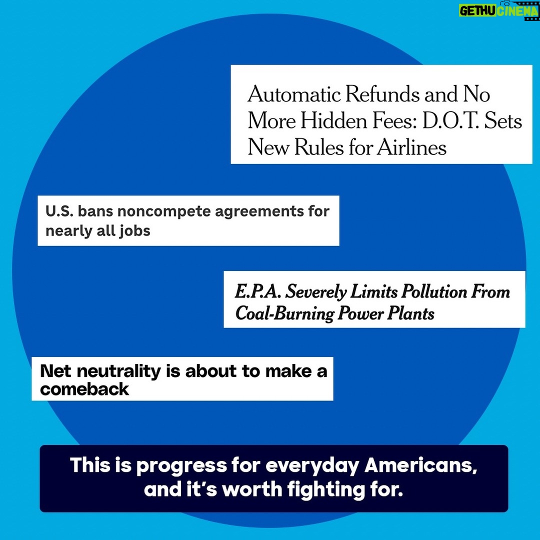 Hillary Clinton Instagram - Just this week, the Biden-Harris administration: ✅ Banned most noncompete agreements, which could lead to increased wages of $300 billion a year for 30 million workers ✅ Required airlines to end "junk" fees and refund passengers promptly after delays and cancellations ✅ Limited pollution from coal-burning power plants ✅ Restored net neutrality to ensure fair access to the open web It's all incredible progress for workers, consumers, and citizens, and it's worth fighting for.