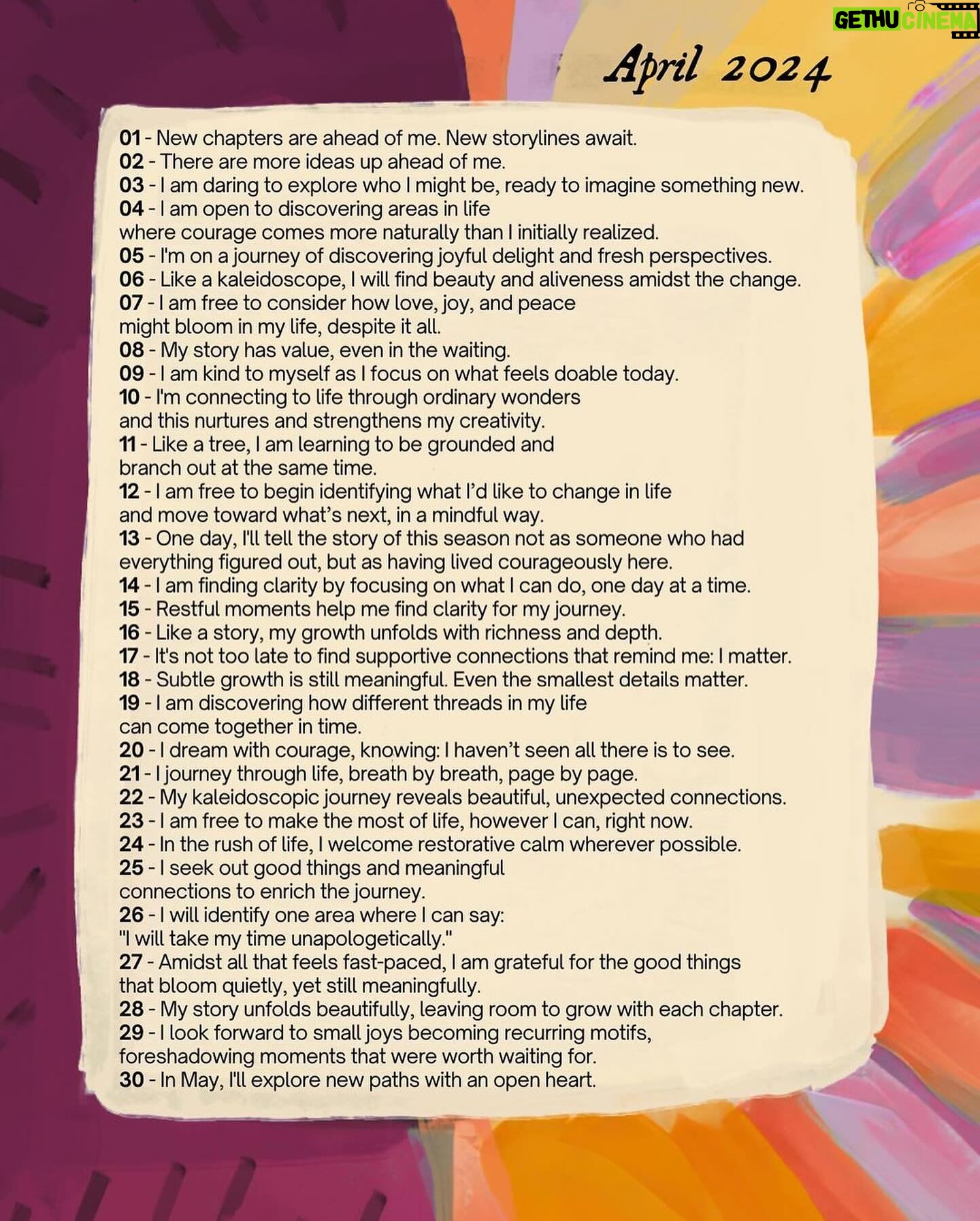 Holly Robinson Peete Instagram - Hey April!! #Repost from @morganharpernichols • Words to repeat to yourself in April 💛 The theme of this month is ‘To Engage With A Story’: storylines, plot twists, witness how it all unfolds line by line, page by page… — As I enter the last full month of my grad program where I’ve been studying interactive art and narratives, the theme of ‘stories’ feels very fitting as I’ve been deep in studying the role of narrative in our lives (both nonfiction and fiction). These words are crafted to give you something to reflect on, one line at a time, which is what we must do to read anything: absorb each word individually, then connect them in sequence. This process allows us to discover the story, idea, or thought the text is slowly revealed. I put these words together in the same way I approach writing fiction (I wouldn’t call myself a “fiction writer” but writing fiction is a huge part of my process!): I consider how each phrase is a part of something bigger. And by thinking how a series of many moments, whether big or small, can all be brought together to shape characters, settings, landscapes, relationships, themes––we start to see how all of this can come together in ways we didn’t expect, like life. Thinking of life as a story empowers you to be more mindful of how things unfold over time. You might notice recurring themes or how seemingly insignificant moments play into a larger picture. And also, just like reading a story, if you don’t put all of those things together in real-time, that doesn’t mean you still can’t be present to every moment of dialogue, every scene, every transition, however you can. What matters is being present, line by line…being a part of a story, unfolding with time. So as you read through these words each day, you will find words like “storylines” and “chapter” and they are all there for a reason: subtle, day invitations to engage with a story, one day at a time. As always, I recommend seeing each phrase as a prompt––make them your own, if you’d like! You can even write them in your journal and add to them as you go. __ Download free printable desktop calendar versions of this at the link in bio!->@morganharpernichols