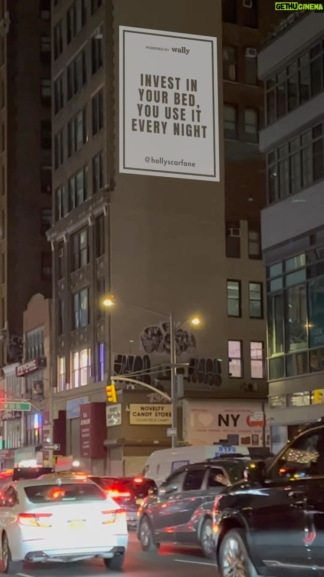 Holly Scarfone Instagram - I am all over New York!!! Thrilled to announce my recent collaboration with @wally , as we set out on a quest to radiate positivity worldwide. In general, the best investment you can make is in yourself. I have always said this: “Invest in your bed, you use it every night.” On average, we spend 26 YEARS of our lives asleep. Sleep is such an important part in functioning successfully and gracefully & a huge key in the success I have had in my life. Each month, we’ll be bringing to life various walls in diverse locations with uplifting quotes. The goal is to invigorate and elevate our communities, both in the physical and digital world. Join us as we infuse the universe with good vibes! #GoodVibesMovement #Wally