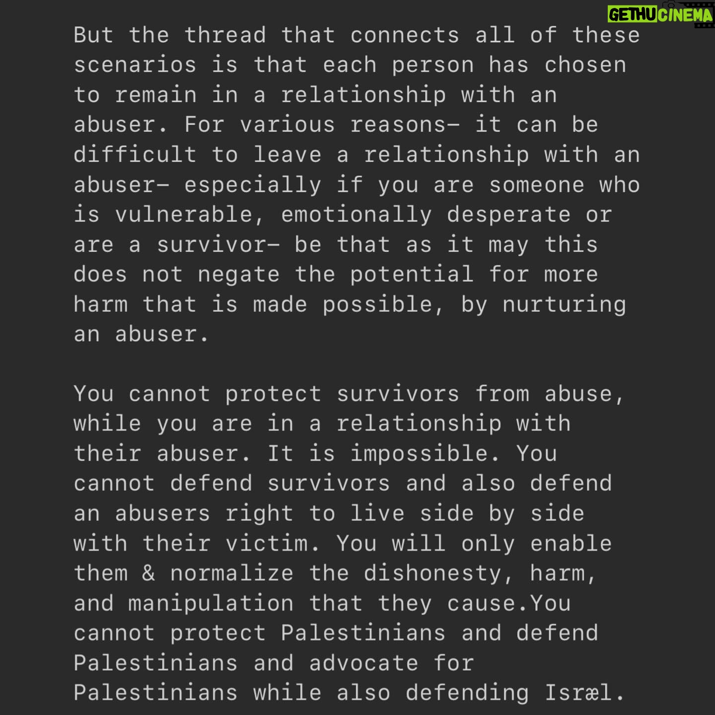 Indya Moore Instagram - People belong to the land - the land does not belong to people. The earth is the body and the body is the earth colonialism is ræp & ræp is colonialism. Reipists do not have rights to defend themselves against their resisting victims. Occupations do not have the right to defend themselves against those they occupy. when you are in partnership with an abuser, you are nurturing them, and enabling them to do more harm. This is what it is to be a Zsionist.