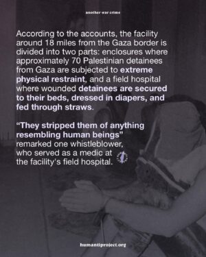 Indya Moore Instagram - 🚨CALL TO ACTION: Palestinians Tortured in Israeli Concentration Camps 🚨

CNN has reported the torture and abuse of Palestinians in a concentration camp in the Negev desert.

“The beatings were not done to gather intelligence. They were done out of revenge. It was punishment for what they (the Palestinians) did on October 7 and punishment for behaviour in the camp”.

Whistleblower testimony describes doctors amputating prisoners’ limbs due to injuries sustained from constant handcuffing, medical procedures done without anaesthesia and at times carried out by under-qualified medics. Reports also detail how Israeli forces unleashed large dogs on sleeping detainees, lobbed a sound grenade as troops barged in, and subjected prisoners to psychological and physical abuse. A field hospital in the same camp tied detainees to their beds, dressed in diapers, and fed through straws.

The treatment of detained Palestinians in these camps is a continuation of the violent and humiliating tactics employed in the light of day in Gaza. Over the past 7 months, we have seen numerous circumstances of hundreds of Palestinians rounded up, stripped, bound and blindfolded in the streets, on the backs of trucks, and in large open spaces. Evidently, this dehumanising culture of abuse and terror is systemic in the IOF.

According to Euro-Med, over 3,600 Palestinians have been ‘forcibly disappeared’ from the Gaza Strip in 7 months. 

The reign of Israeli terror and human rights abuses MUST come to an end. 

👉 EMAIL YOUR ELECTED OFFICIAL NOW! USE THE FREE TEMPLATE IN @humantiproject’s bio or visit HumantiProject.org 👈