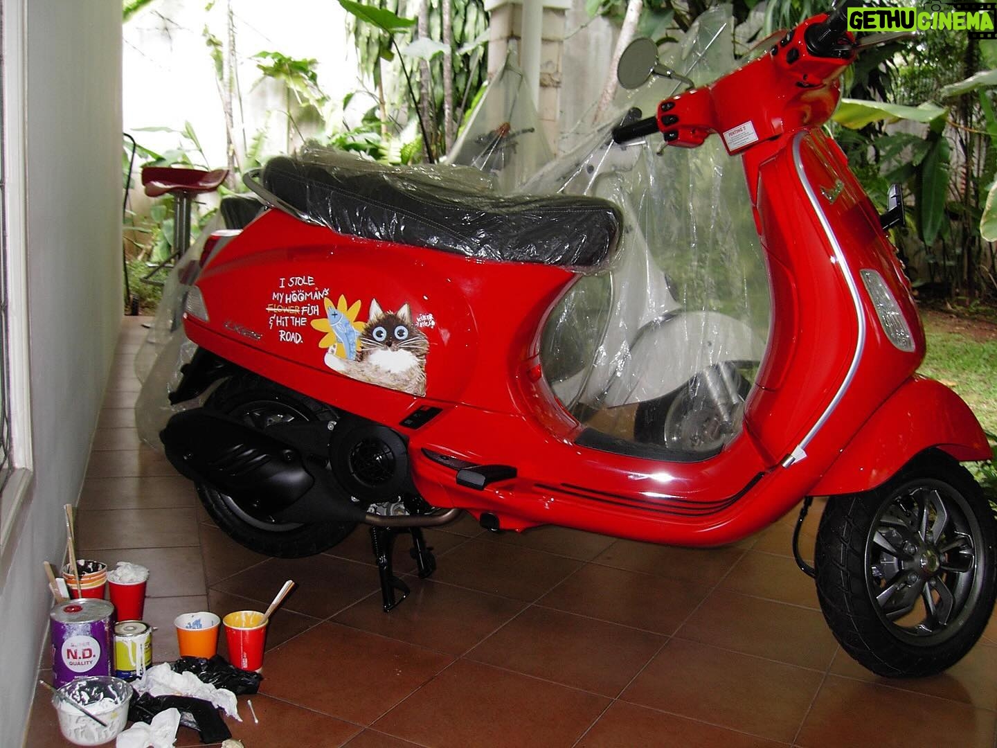 Iqbaal Ramadhan Instagram - Akhirnya ngerasain punya vespa small frame baru.. Lama gak keluar rumah karena siapin album @baale mau ah muter2 selatan Jakarta sebentar bareng sama si Merah. Thank you banyak buat @lun.s yang udah mau gambarin Bolu di vespa oguttt🐱🐟🌻