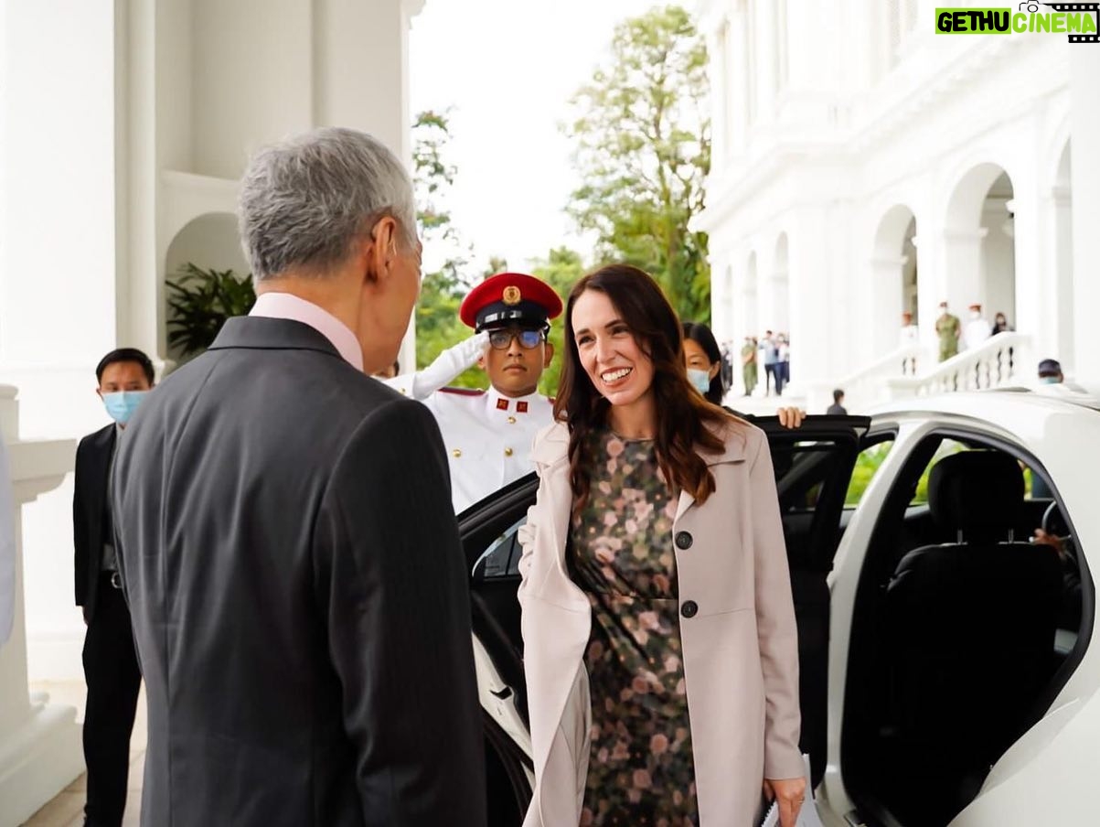 Jacinda Ardern Instagram - Huge day yesterday! Highlights included announcing changes to our working holiday visa with Singapore and meeting with some of the young people who have used the visa in the past (one had a lovely story of taking up a boarding spot she found advertised in a supermarket and meeting an elderly couple who she considers to now be second grandparents), speaking at a sustainability event, meeting with the President and the Prime Minister where we agreed to work more closely on climate issues, unveiling a beautiful Kūwaha at Gardens by the Bay (where the CEO studied at Massey University) and finishing up with a gala event in the evening. Now getting ready for day two!