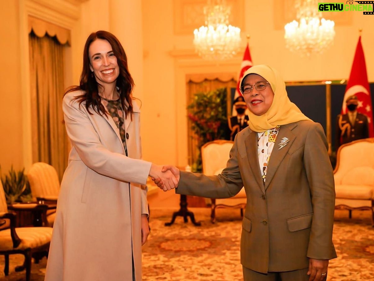 Jacinda Ardern Instagram - Huge day yesterday! Highlights included announcing changes to our working holiday visa with Singapore and meeting with some of the young people who have used the visa in the past (one had a lovely story of taking up a boarding spot she found advertised in a supermarket and meeting an elderly couple who she considers to now be second grandparents), speaking at a sustainability event, meeting with the President and the Prime Minister where we agreed to work more closely on climate issues, unveiling a beautiful Kūwaha at Gardens by the Bay (where the CEO studied at Massey University) and finishing up with a gala event in the evening. Now getting ready for day two!