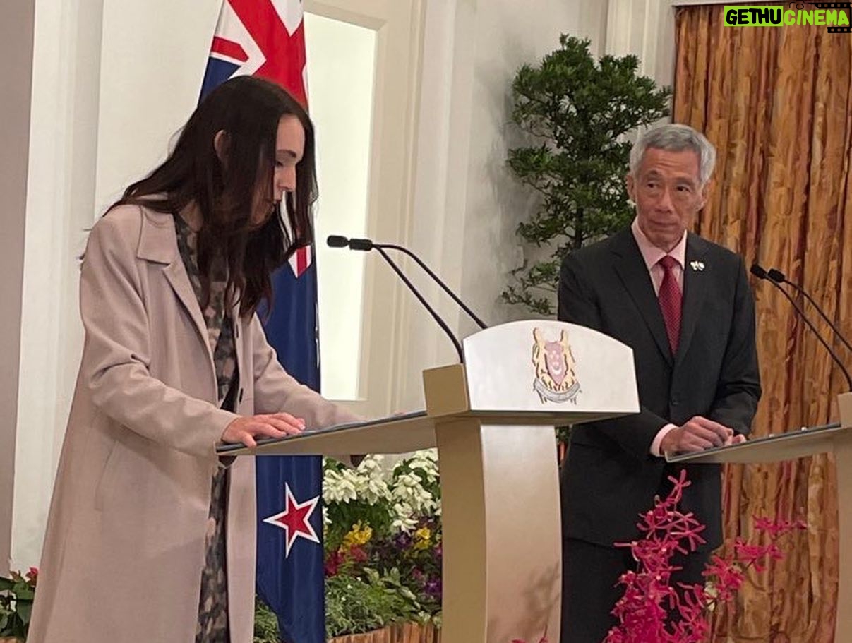Jacinda Ardern Instagram - Huge day yesterday! Highlights included announcing changes to our working holiday visa with Singapore and meeting with some of the young people who have used the visa in the past (one had a lovely story of taking up a boarding spot she found advertised in a supermarket and meeting an elderly couple who she considers to now be second grandparents), speaking at a sustainability event, meeting with the President and the Prime Minister where we agreed to work more closely on climate issues, unveiling a beautiful Kūwaha at Gardens by the Bay (where the CEO studied at Massey University) and finishing up with a gala event in the evening. Now getting ready for day two!