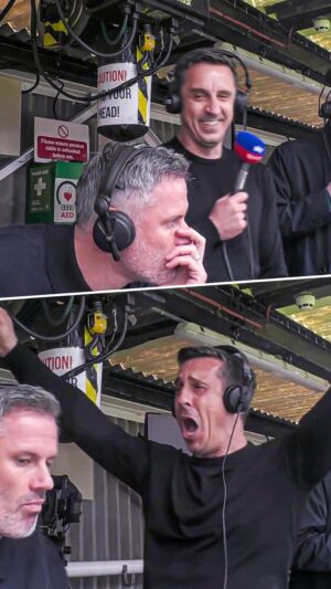 Jamie Carragher Instagram - How @23_carra and @gneville2 saw that blockbuster Man Utd v Liverpool clash from the gantry 🍿🎬