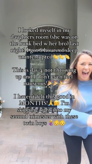 Jamie Otis Instagram - I’m gonna get judged for this, but FOUR DAYS WITH NO THROWING UP & I don’t even feel nauseous!!! Judge all you want, I’m over here THANKING GOD FOR THIS SLEEP!🥳🙌💃

The kiddos have been wanting to sleep on the bunk bed in Hendrix’s room together sooooo I took over my daughter’s room the last couple nights!😆 I make Doug cuddle with me til I fall asleep and then I sleep so sound with all her stuffies and her white noise machine !!🤣🙌😴

My kids had been sleeping in their rooms all night for some time, but lately they’ve been waking up and coming in our room. When they come in I can never fall back asleep🤪 Doug def doesn’t have this problem - that man can sleep through a hurricane!😝

Since my daughter doesn’t wanna sleep in her room anyway I figured I’d try it out! Oh my gosh, I don’t know if I’ll ever stop sleeping in there!🤣🤣🤣

I almost forgot how good it feels to SLEEP!😴😆

Insomnia is the worse and pregnancy insomnia a real thing! And I swear the lack of sleep makes me throw up more!💯 I tell Doug now that I’m sleeping so I can be more productive the next day!😜 What was your least fav symptom of pregnancy? What was your fav? 🤰👶👶

#momhacks #momlife #pregnancydiary #pregnancylife #twinpregnancy #preggo #preggers