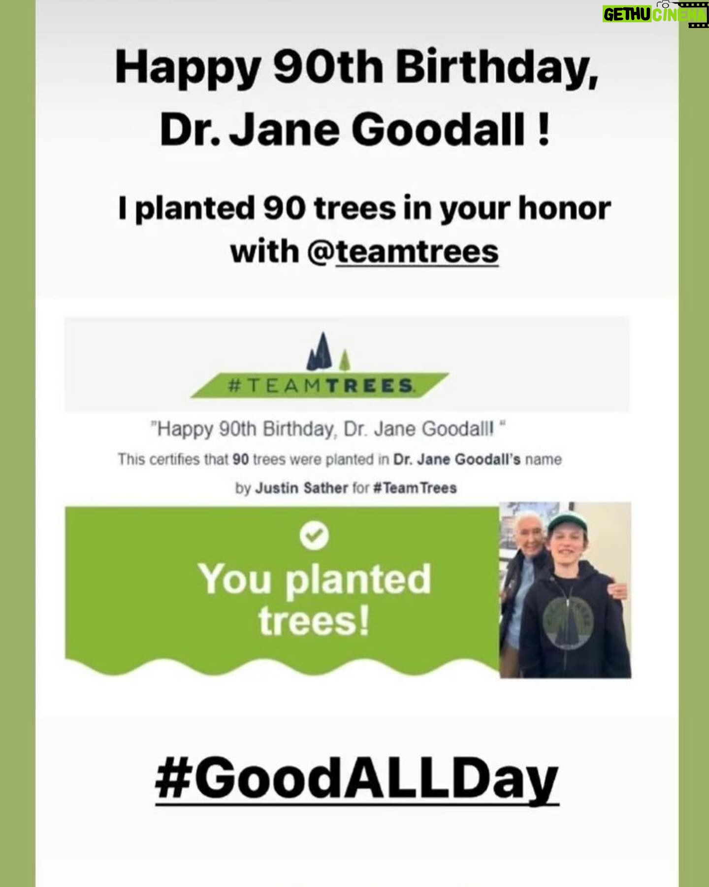 Jane Goodall Instagram - 🎉 Did you know we’re celebrating Jane’s 90th birthday all year round? Jane is continuing her #birthday tour worldwide, and we’re keeping the party going with #GoodAllDay, our campaign to celebrate Jane with an act of kindness, big or small. 🌍 Let’s keep spreading kindness, making a positive impact, and embodying Jane’s values of compassion and empathy every single day. As Jane always says, together we can make the world a better place... one good deed at a time! 💚 Check out these #GoodAllDay inspo from earlier this month and shout out to @rootsandshoots for supporting some of these change-makers! Slide 1: Courtesy of Cosmic Pictures and Science North, Jane assisting with tree planting Slide 2: @eckerdreducesingleuse Eckerd College’s Reducing Single Use Team who ran a campus cleanup as well as collecting marine debris along their local coastline Slide 3: @thomas_dc_debonne whose R&S group is implementing marbles of kindness project! Slide 4: @justinsfrogproject who planted 90 trees for the occasion Slide 5: @miss.emerson.rose who put together birthday kits for kids in need Slide 6: @savethesunriseglossies who shared backyard initiatives to collectively make a difference Slide 7: @conserv.action who will be sharing 90 ideas to take action to better your community and beyond (available on earth day!)