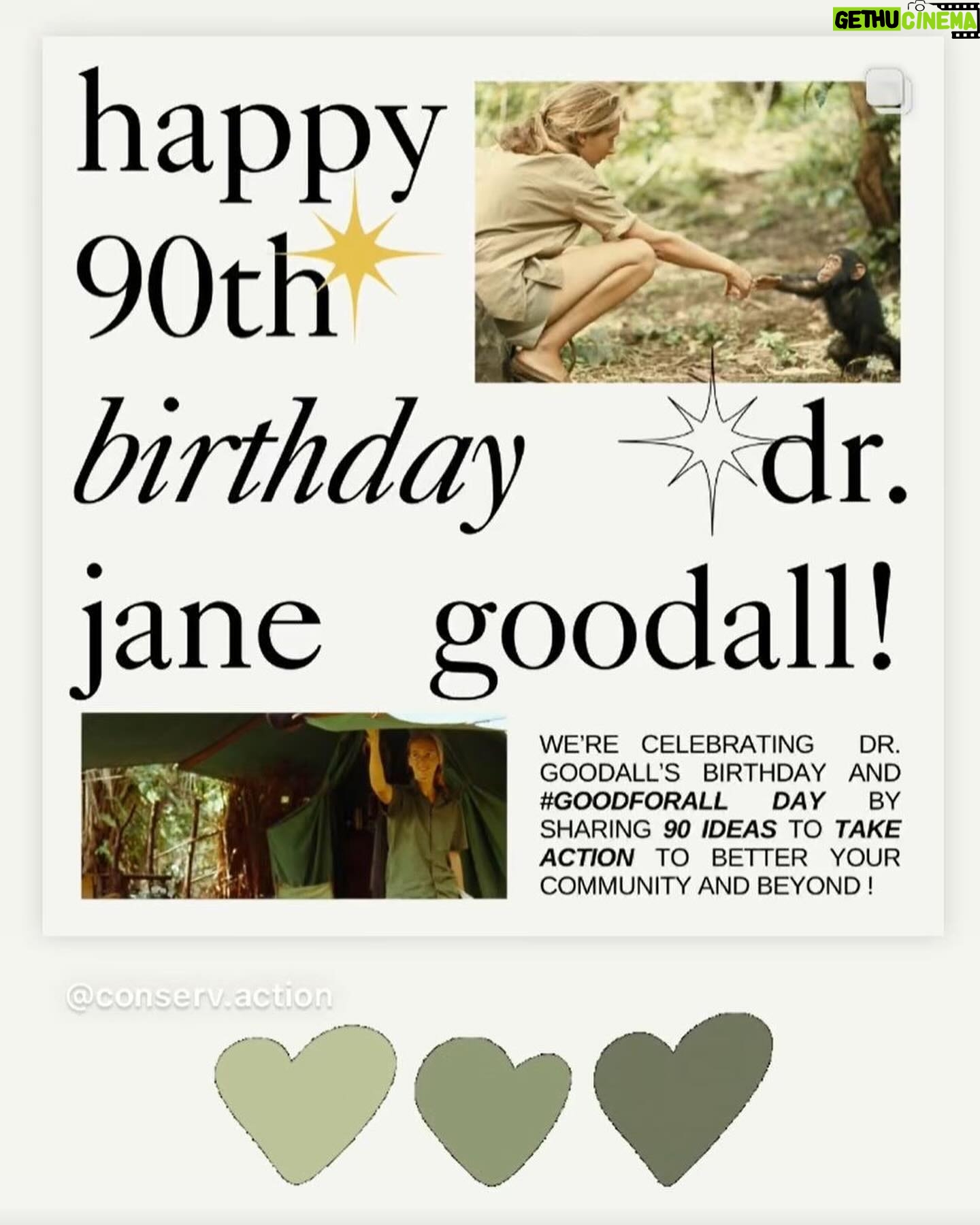 Jane Goodall Instagram - 🎉 Did you know we’re celebrating Jane’s 90th birthday all year round? Jane is continuing her #birthday tour worldwide, and we’re keeping the party going with #GoodAllDay, our campaign to celebrate Jane with an act of kindness, big or small. 🌍 Let’s keep spreading kindness, making a positive impact, and embodying Jane’s values of compassion and empathy every single day. As Jane always says, together we can make the world a better place... one good deed at a time! 💚 Check out these #GoodAllDay inspo from earlier this month and shout out to @rootsandshoots for supporting some of these change-makers! Slide 1: Courtesy of Cosmic Pictures and Science North, Jane assisting with tree planting Slide 2: @eckerdreducesingleuse Eckerd College’s Reducing Single Use Team who ran a campus cleanup as well as collecting marine debris along their local coastline Slide 3: @thomas_dc_debonne whose R&S group is implementing marbles of kindness project! Slide 4: @justinsfrogproject who planted 90 trees for the occasion Slide 5: @miss.emerson.rose who put together birthday kits for kids in need Slide 6: @savethesunriseglossies who shared backyard initiatives to collectively make a difference Slide 7: @conserv.action who will be sharing 90 ideas to take action to better your community and beyond (available on earth day!)