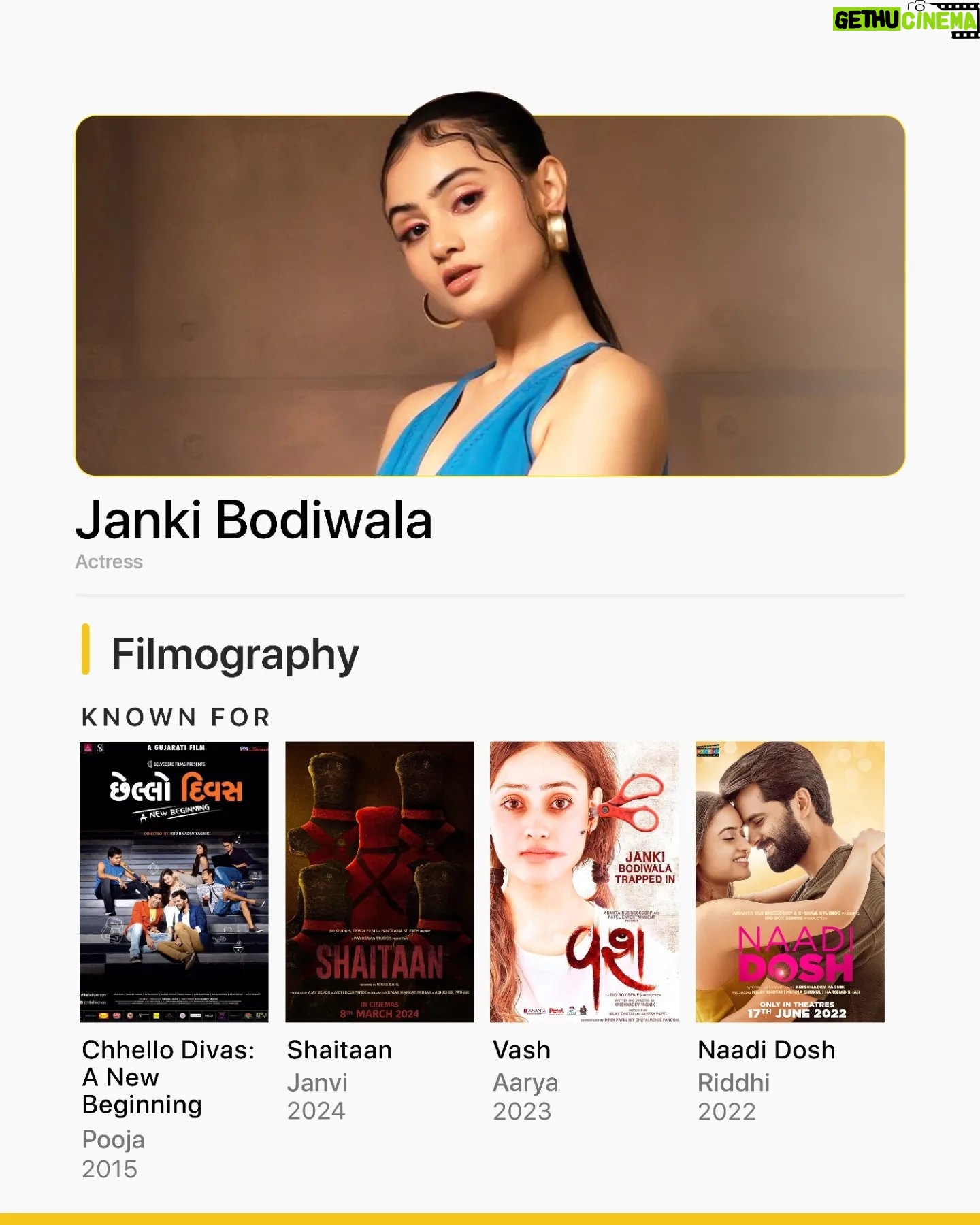 Janki Bodiwala Instagram - With Shaitaan currently running in theatres, say ch-hello to @jankibodiwala's filmography and keep your watchlist updated with our "Known For", and many more๐ฟ๐ ๐ฌ: Shaitaan | In Theatres Vash Naadi Dosh Chhello Divas: A New Beginning